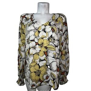 Cabi 3954 Miranda Blouse Womens Large Yellow Floral V-Neck Smocked Sleeve Top